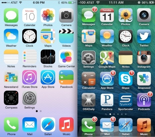 Порівняння iOS 7 та iOS 6. Джерело: OSXDaily
