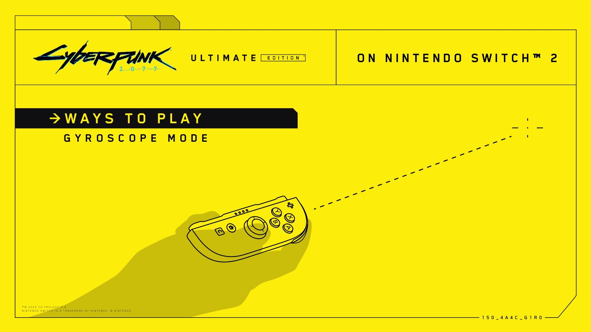A yellow and black graphic shows how to use gyroscope mode in Cyberpunk 2077 Ultimate Edition on Nintendo Switch 2. A simple drawing shows a Joy-Con 2 controller being moved around in someone’s hand.