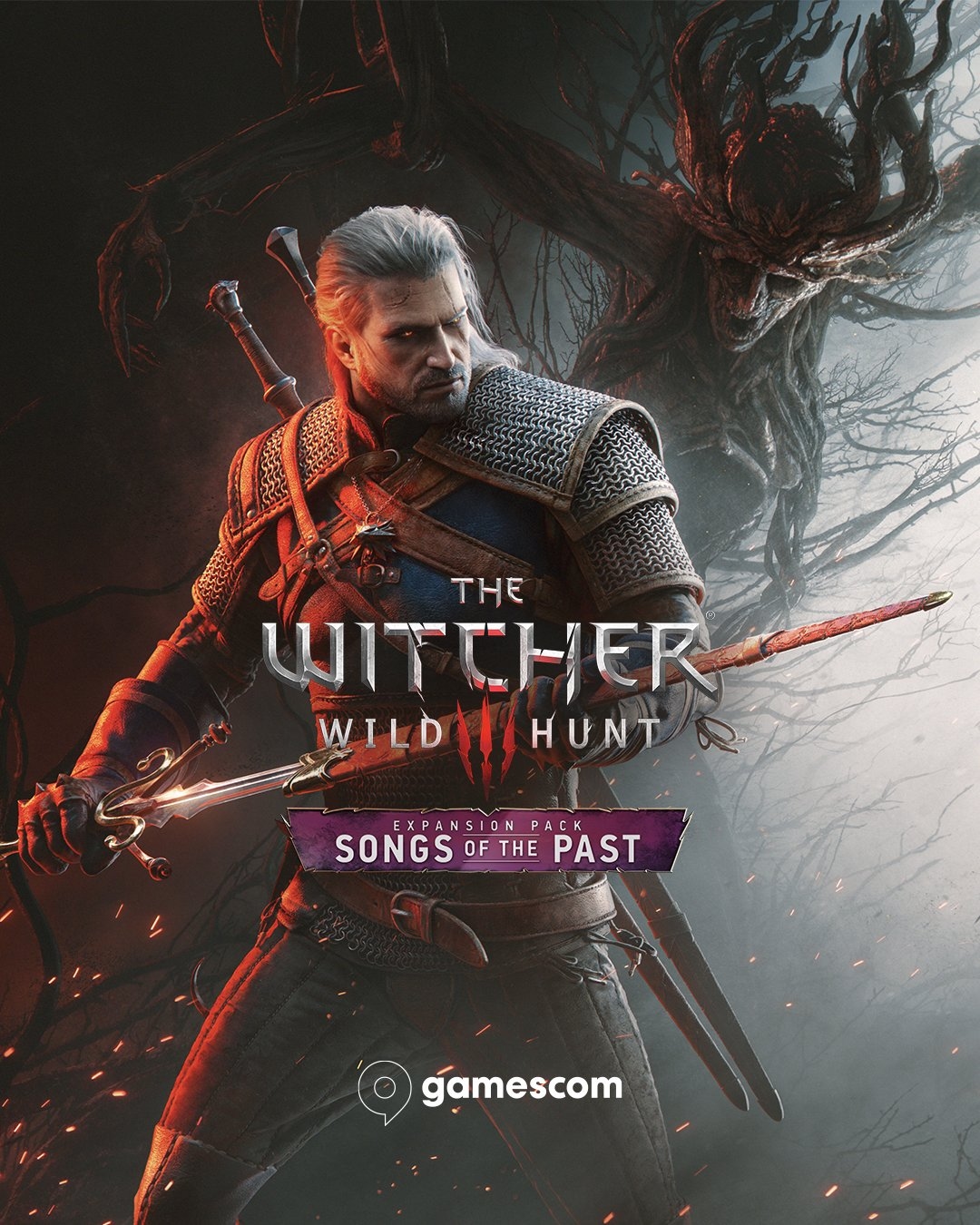 Geralt of Rivia stands ready for combat and unsheathes his sword. Behind him is a monster made of twisted branches and twigs, with hollow eyes and an open mouth. The The Witcher 3: Wild Hunt logo appears in the center, with the Expansion Pack: Songs of the Past logo on a purple banner underneath. The Gamescom logo appears at the bottom.