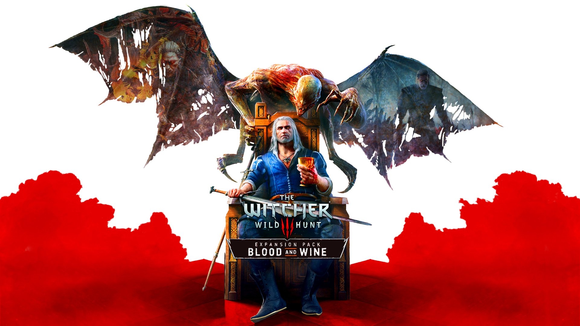 HD wallpaper of The Witcher 3: Wild Hunt - Blood and Wine showing the protagonist seated with a wine goblet, a sword, and a menacing winged creature above him against a red and white background.