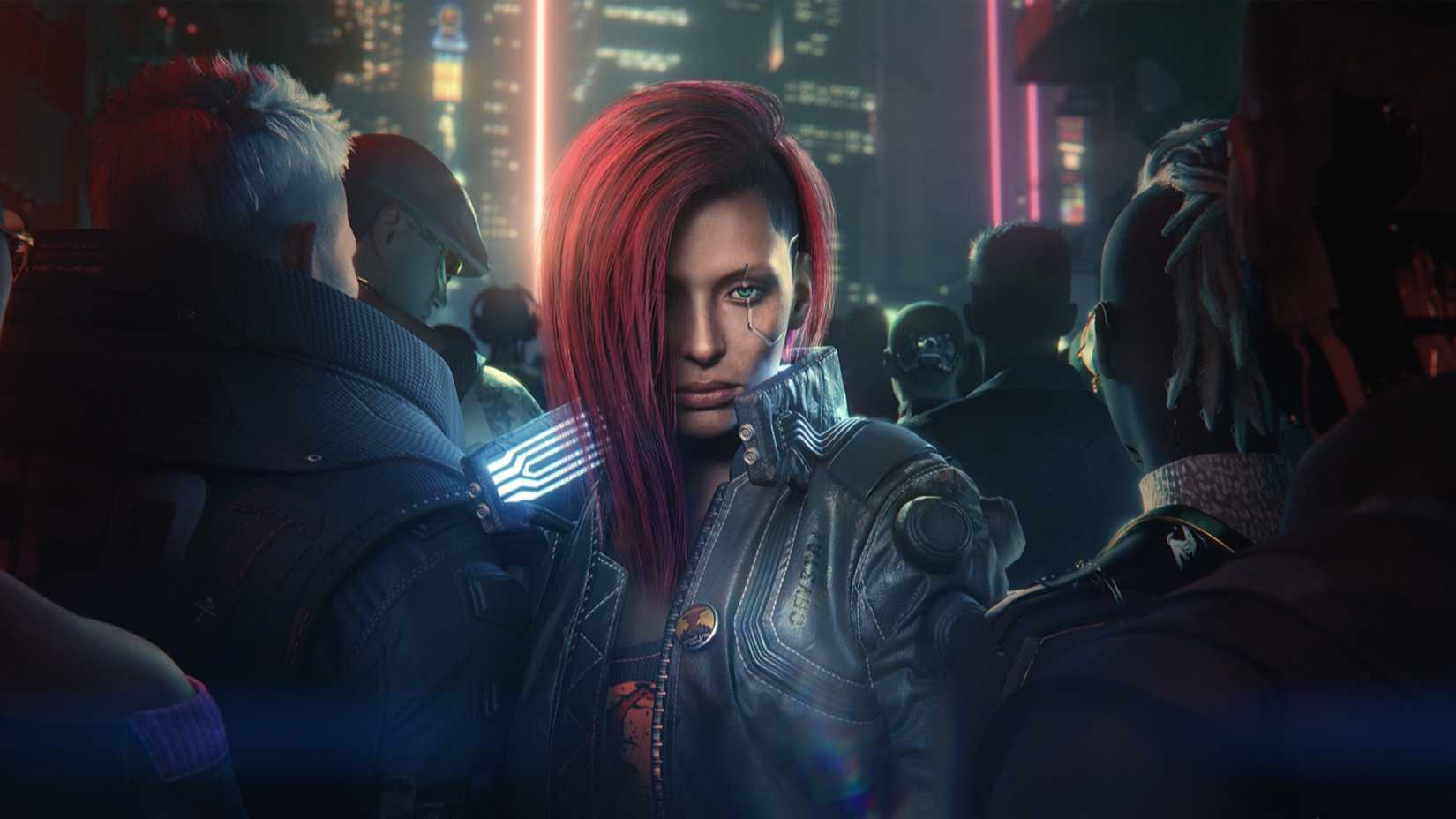 female v in a crowd in cyberpunk 2077.