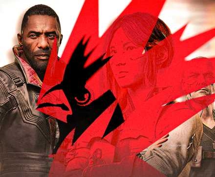 The CD Projekt Red logo, which is a red bird. Characters from Cyberpunk 2077: Phantom Liberty can be seen in the background