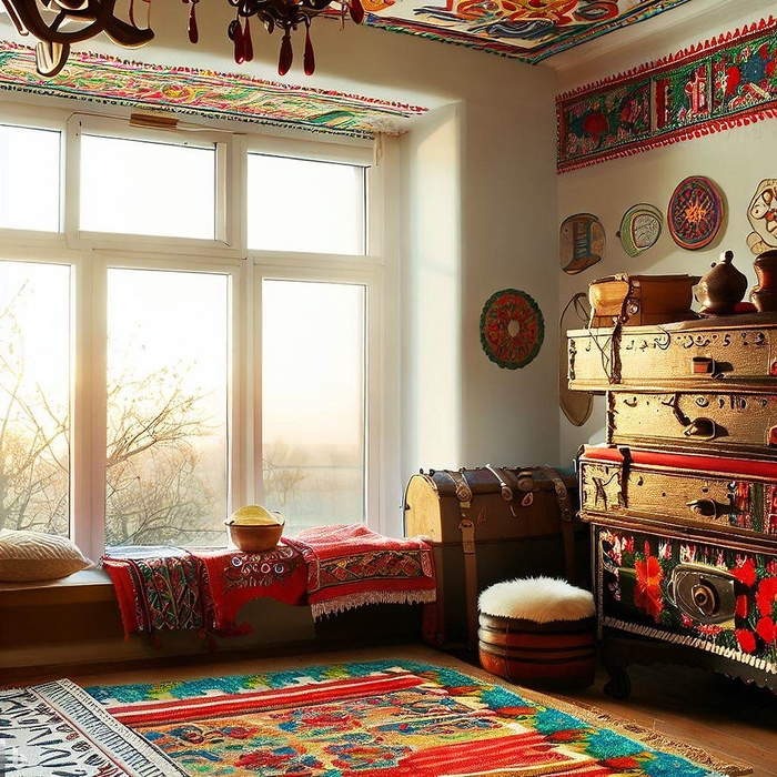 сучасна вітальня з етничними українськими елементами декору. Приклади та поради, дизайн інтер'єру
