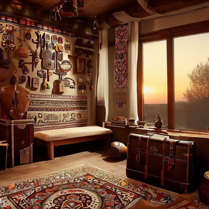 сучасна вітальня з етничними українськими елементами декору. Приклади та поради, дизайн інтер'єру