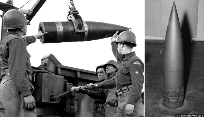 The round (the W9 warhead) was 11-inches wide, 4.5 ft long (13.84 m) and weighed 803-pounds (365 kg).