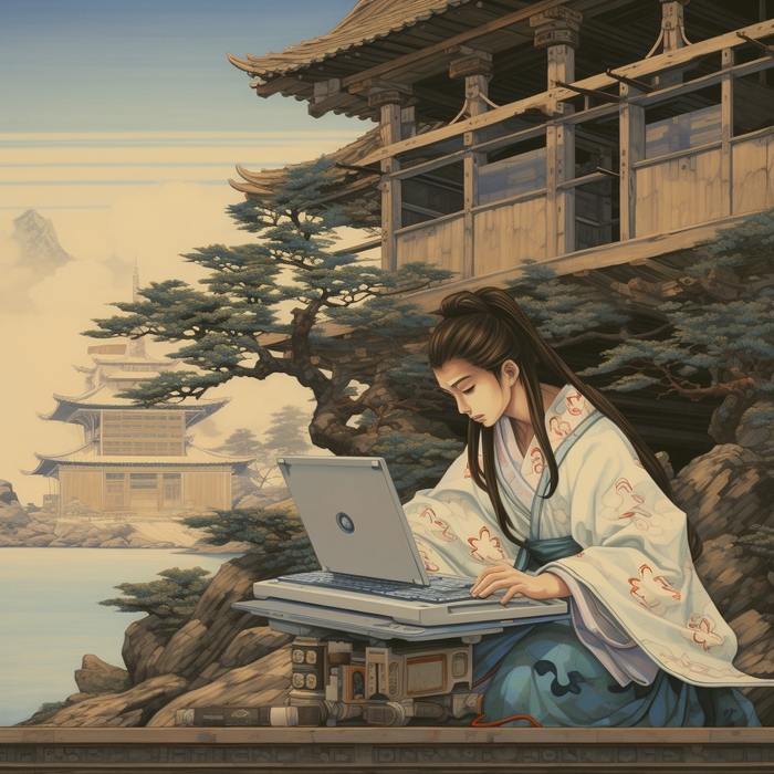 programmers at work in a style of traditional japanese paintings