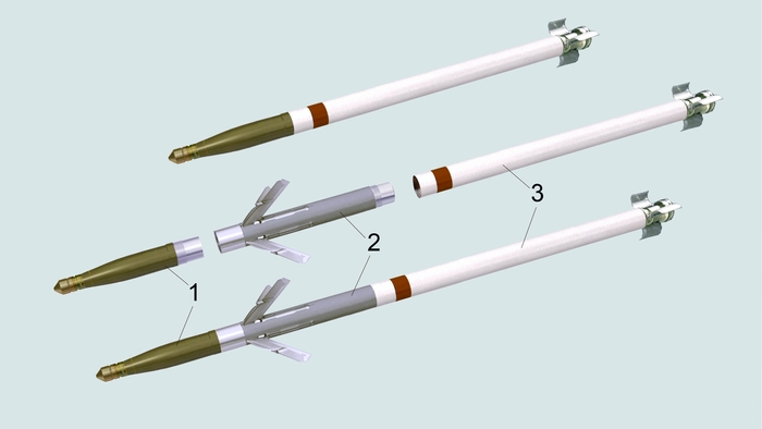 Принципова схема модифікації ракети Hydra до APKWS де: 1. боєголовка2. блок наведення WGU-59/B3. двигун ракети