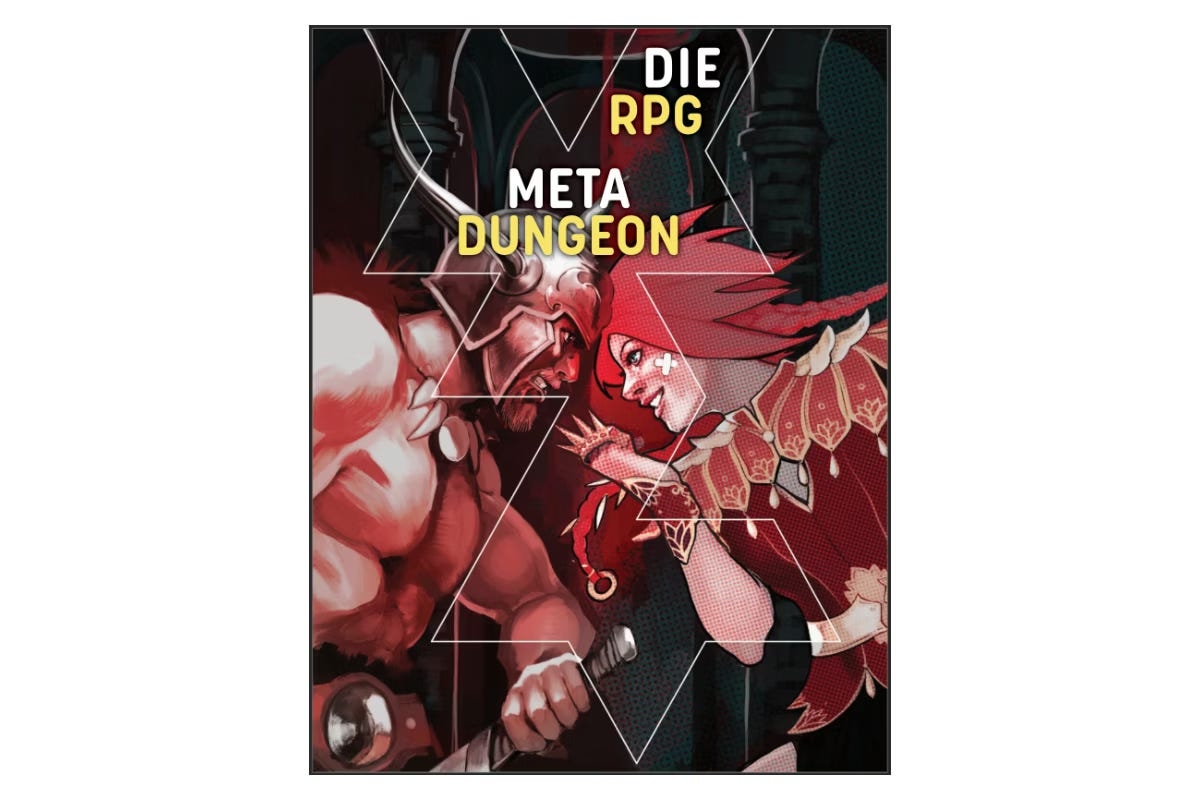 Metadungeon cover by Stephanie Hans. A red toned image, depicting a classic barbarian character in a horned helmet, locked in battle with a modern, red-clad female fighter. Behind them, the pillars and walls of the Metadungeon loom ominously. Metadungeon cover by Stephanie Hans. A red toned image, depicting a classic barbarian character in a horned helmet, locked in battle with a modern, red-clad female fighter. Behind them, the pillars and walls of the Metadungeon loom ominously.