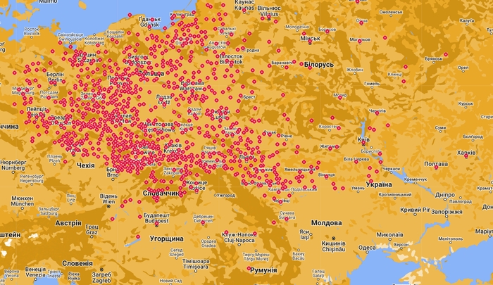 Червоні позначки на карті є міста з Магдебурзьким правом