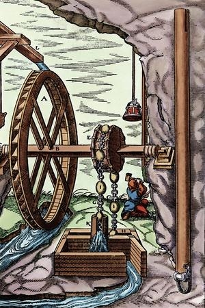 'A Mine Being Drained by a Rag-And-Chain Pump Powered by an Overshot Water  Wheel, 1556' Giclee Print | Art.com