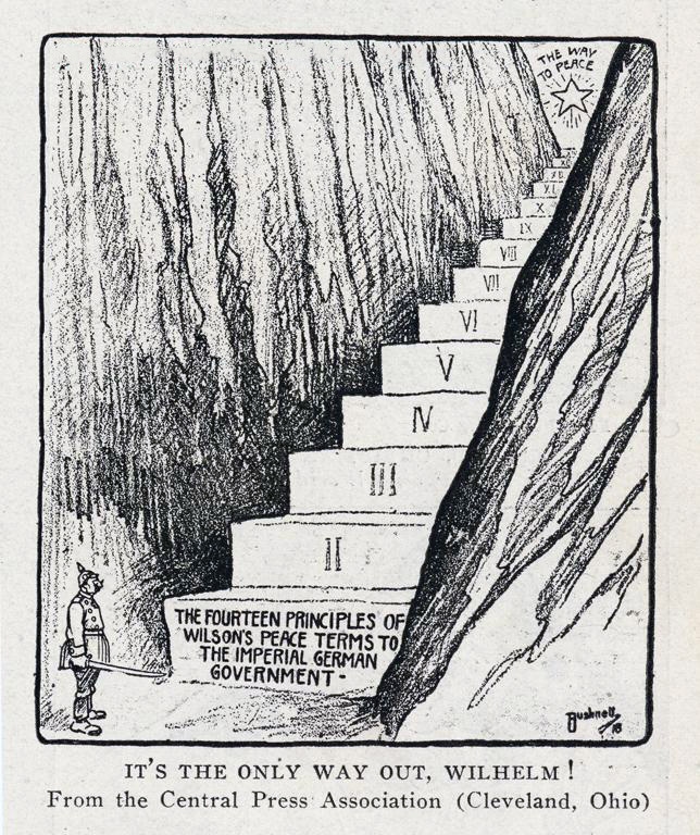 Американська пропоганда, яка зображає, кайзера, який має лізти по “сходах Вільсона”