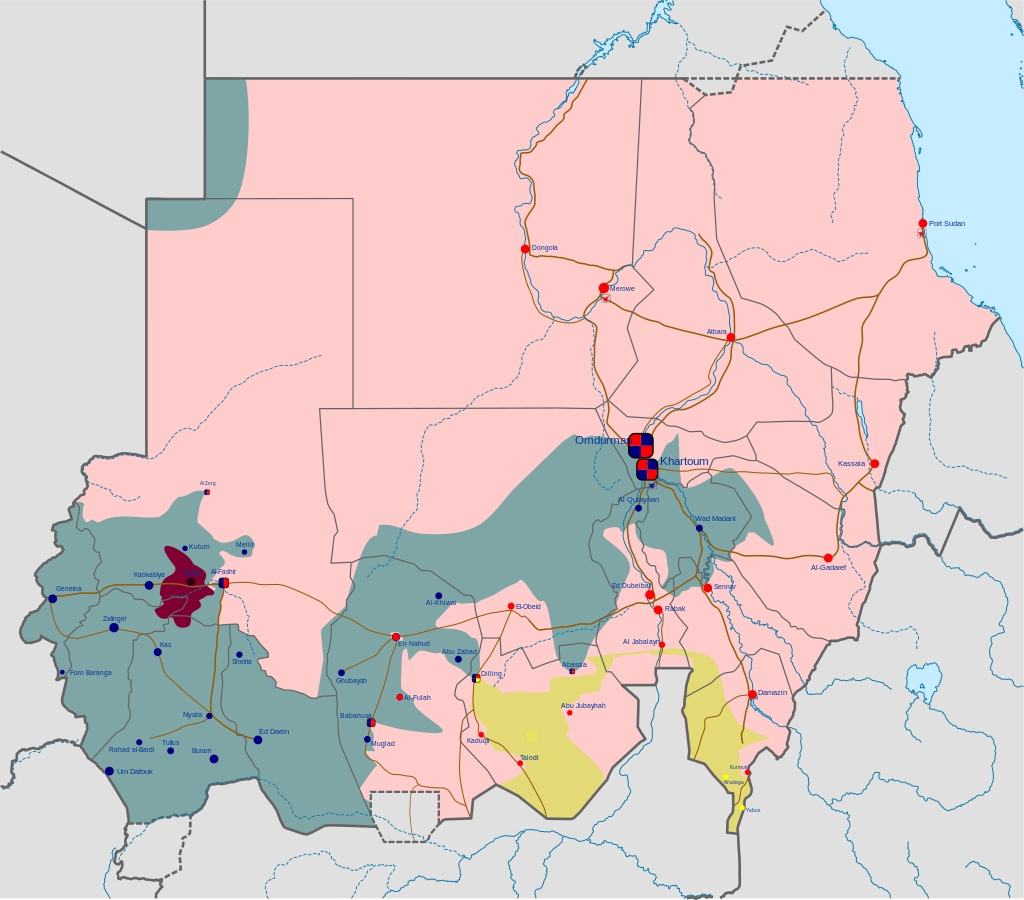 Карта Судану, на якій показано, що RSF домінують на заході країни, SAF домінують на сході, а центр розділений між обома сторонами.