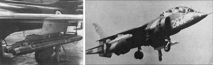 Пара ракет SRAAM під крилом винищувача Hunter (зліва) та під час випробувань на Harrier T.2 (справа)