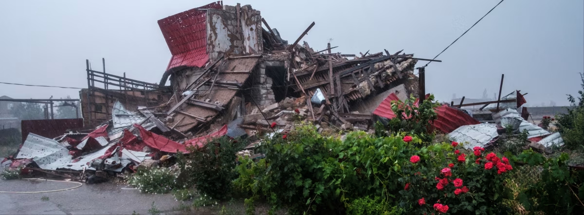 A collapsed house with red metal roofing, shattered timber frames and debris scattered all around, and some flowering rose bushes in the foreground.