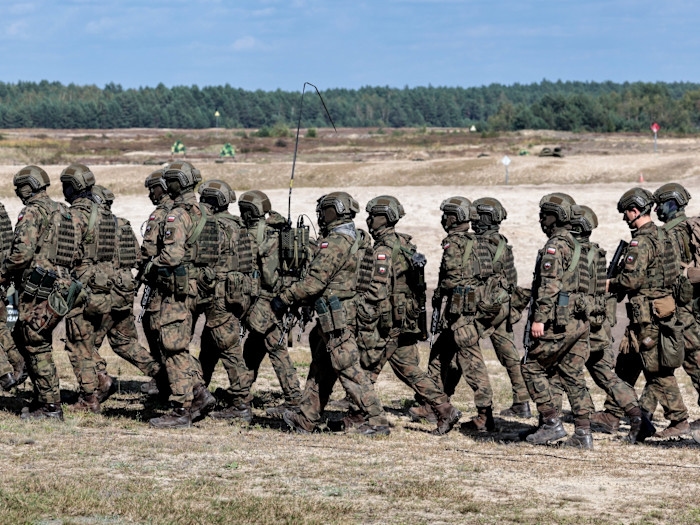Polish Territorial Defense Forces soldiers in camouflage uniforms and helmets march in formation during a training exercise.