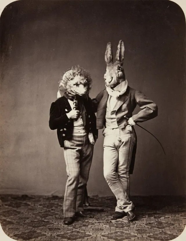 Joseph Albert’s photograph of hare and hedgehog costumes — worn by the sculptor Hermann Oehlmann and an unknown person — at the 1862 Jung München Maskenfest