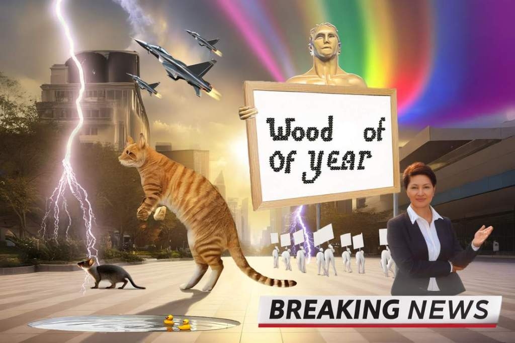 a bizarre collection of ai generated illustrations including a sign that reads wood of of year and a chyron that reads breaking news
