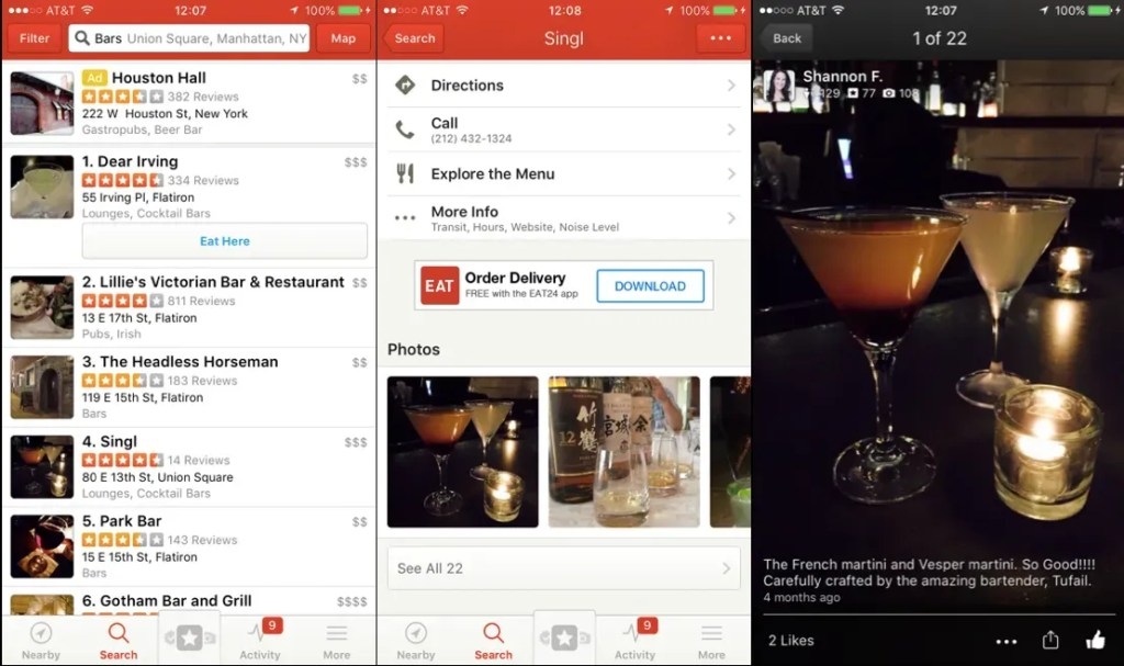 Yelp тонко переформулює запит групи «куди нам піти, щоб продовжити розмову?» у контексті фотографій поданих коктейлів.