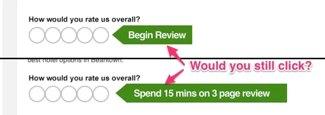 TripAdvisor використовує техніку «нога у дверях», просячи користувачів залишити відгук одним кліком («Скільки зірок?»), приховуючи за цим кліком тристорінкове опитування.