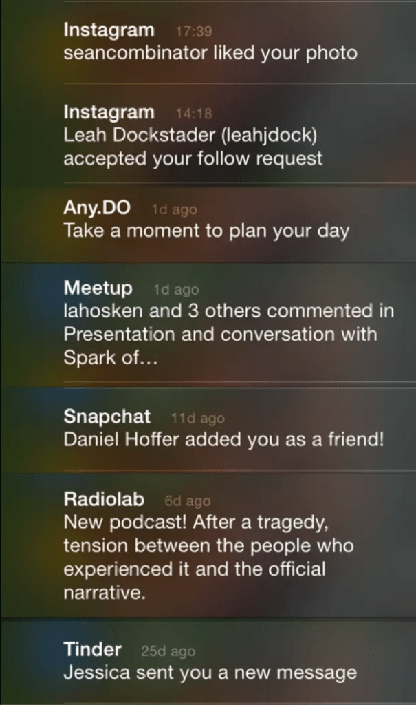 A list of notifications when we wake up in the morning — how empowering is this menu of choices when we wake up? Does it reflect what we care about? (from Joe Edelman’s Empowering Design Talk)