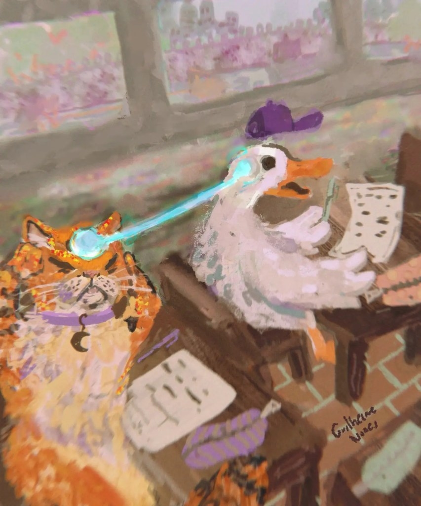 Guilherme Nunes The cat tries to use telepathy to cheat on the test, but the duck didnt study either.