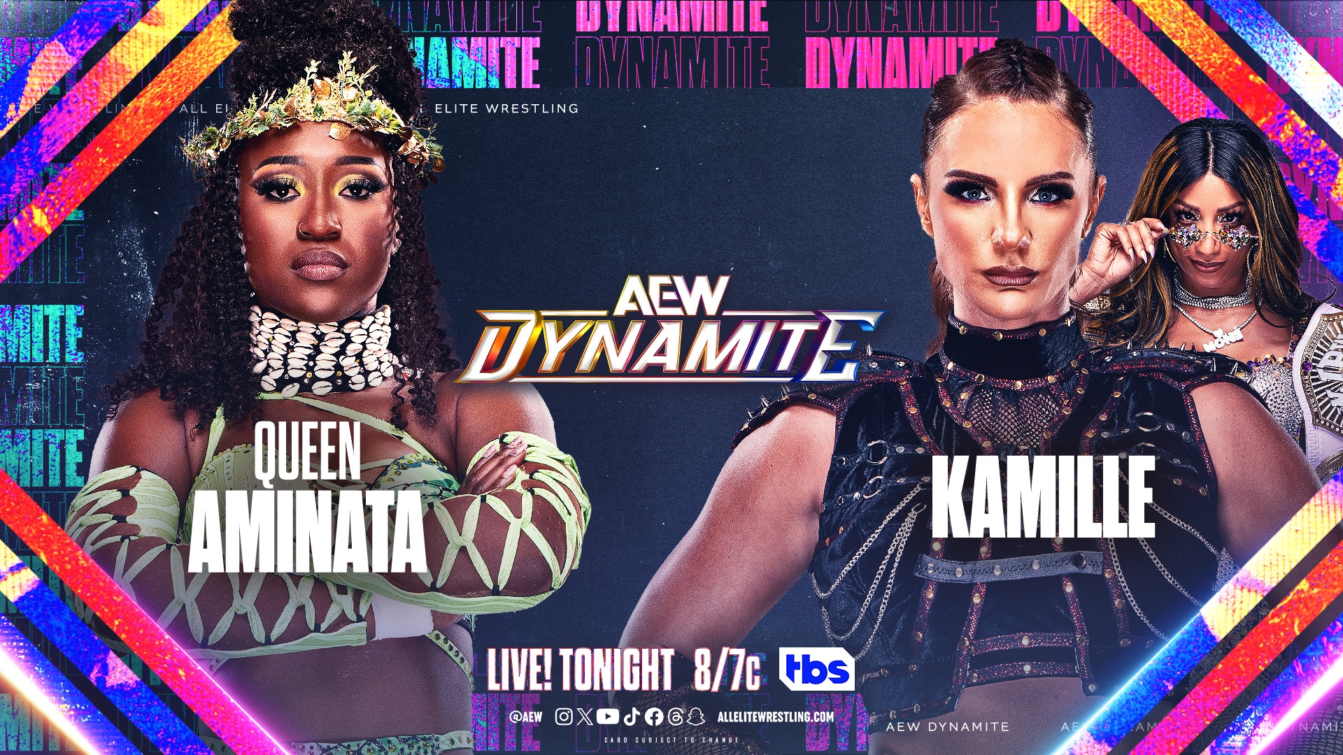 All Elite Wrestling on X: "#AEWDynamite TONIGHT LIVE 8pm ET/7pm CT on TBS Queen  Aminata vs. Kamille Unwilling to back down from the CEO's disrespect,  @amisylle fights @Kamille_brick (w/ TBS Champion @MercedesVarnado)