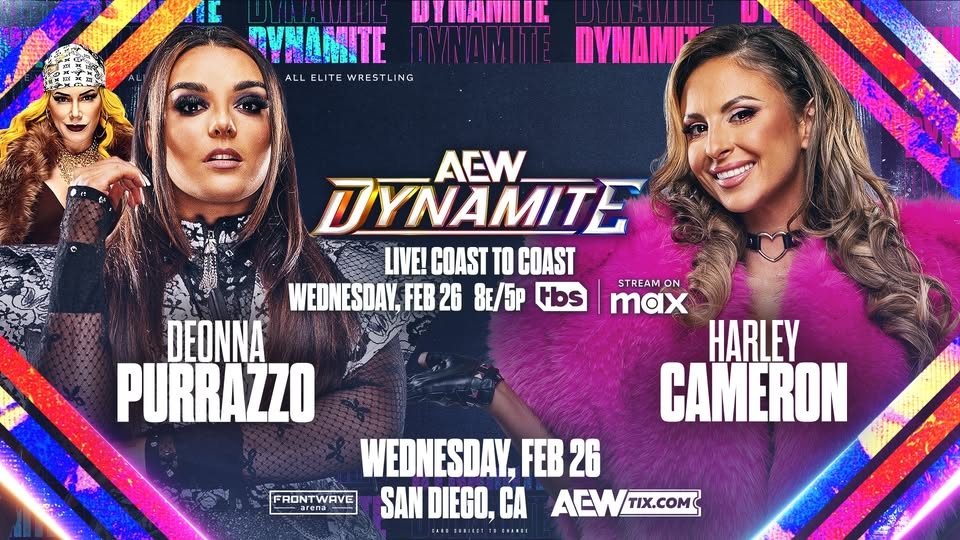 На зображенні може бути: 2 людини та текст «UYTAHHIIG yHOMTE yH ALL ALLELITEWRESTLING ELITE ITE WRESTLING ACW DYNAMITE LIVE! COAST TO COAST WEDNESDAY, FEB FEB26 26 8E/5p Hbs DEONNA PURRAZZO STREAM ON max HARLEY CAMERON WEDNESDAY, FEB 26 FRON FRONTWAVE NAVE ren SAN DIEGO, CA ACW ACWTIX.COM TIX.COM ELEE CRXIFE- CRAIPE- EDACS»