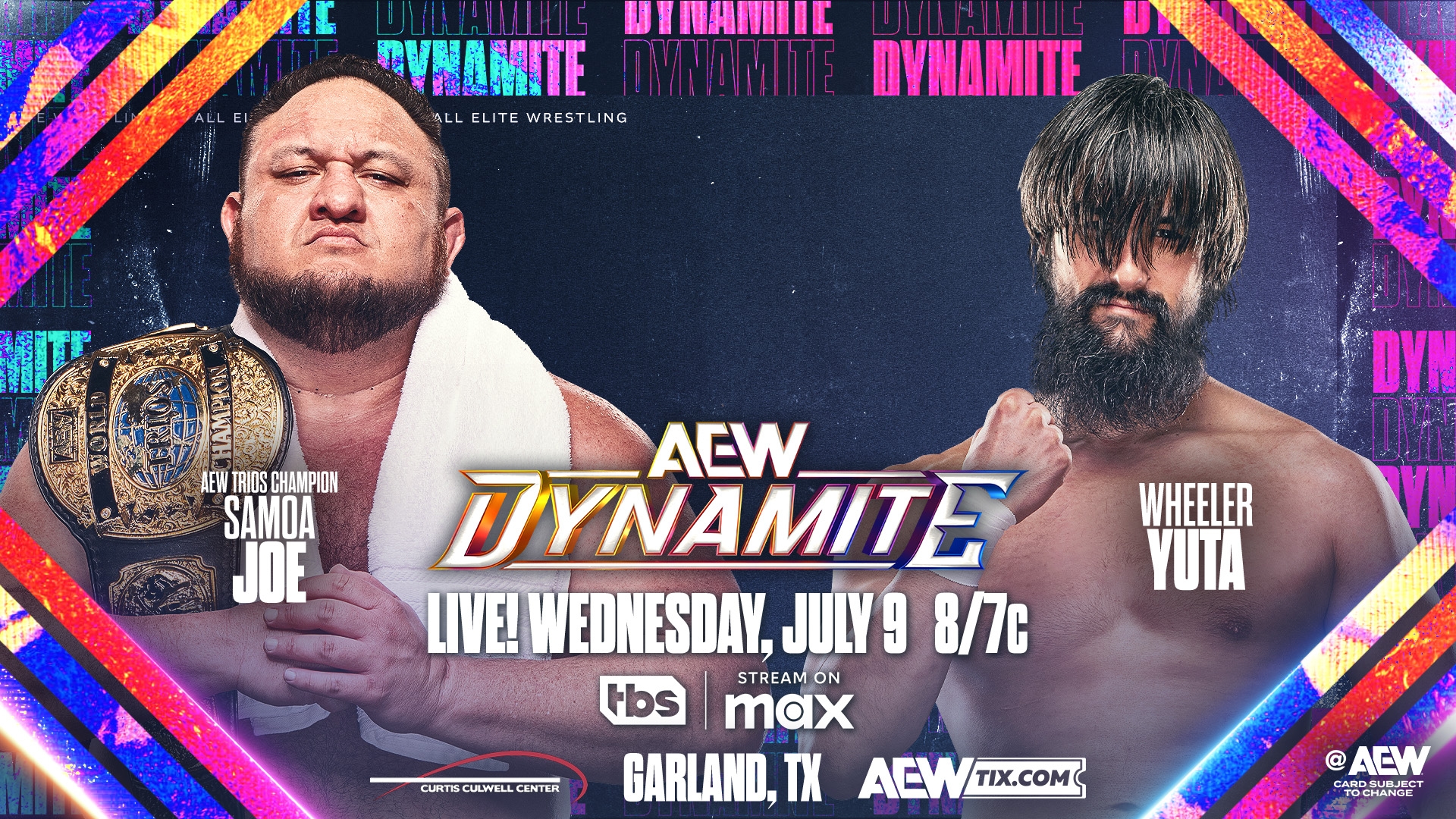 All Elite Wrestling on X: "#AEWDynamite LIVE at 8/7c on TBS + MAX This Wednesday, 7/9 Samoa Joe vs Wheeler Yuta The Opps have stood in the way of the Death Riders