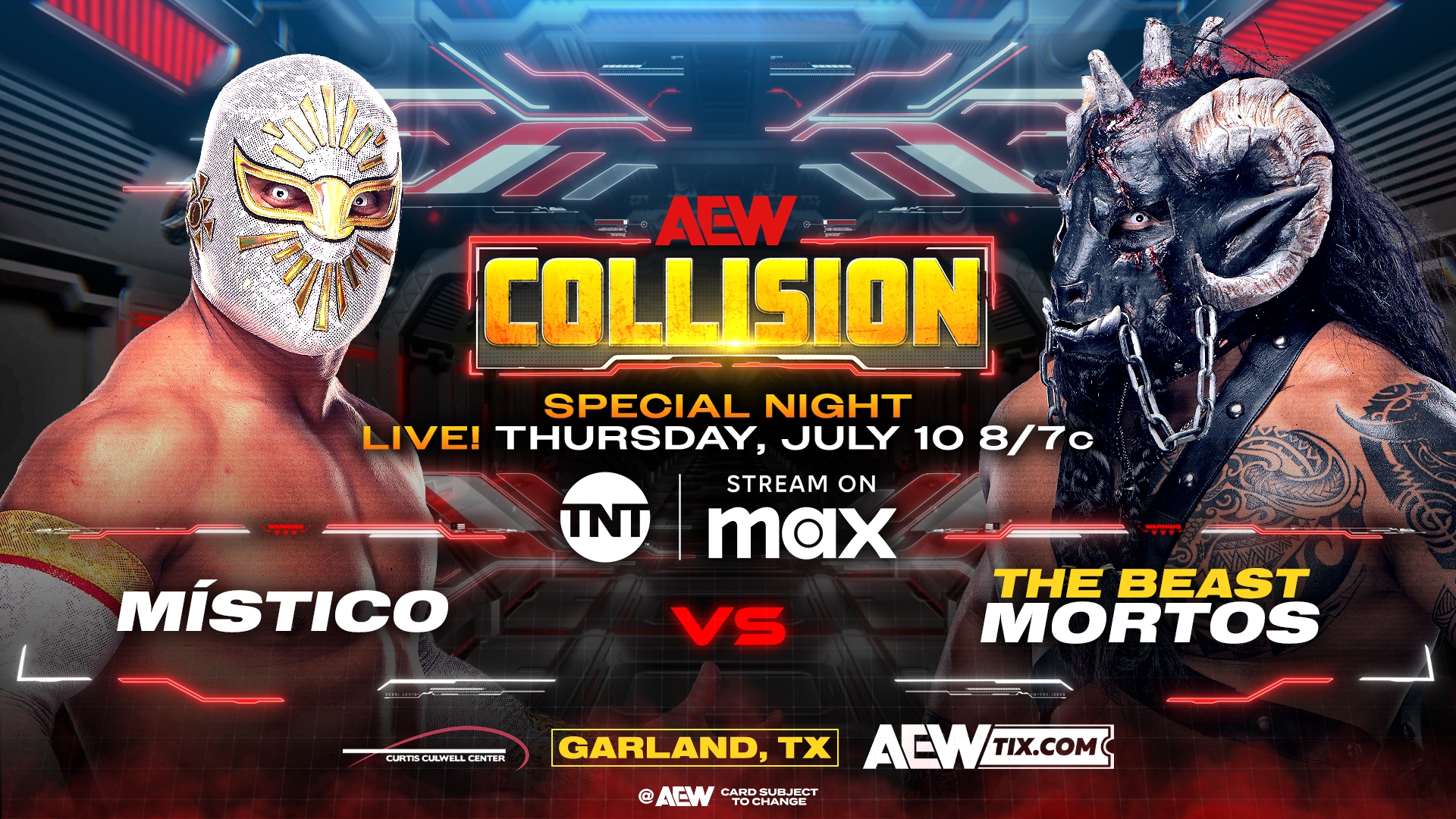All Elite Wrestling on X: "#AEWCollision LIVE, 8/7c on TNT + MAX This Thursday, 7/10! Místico vs @BeastMortos Before he enters the #AEWAllInTexas Casino Gauntlet Match this Saturday Afternoon, legend @caristicomx will