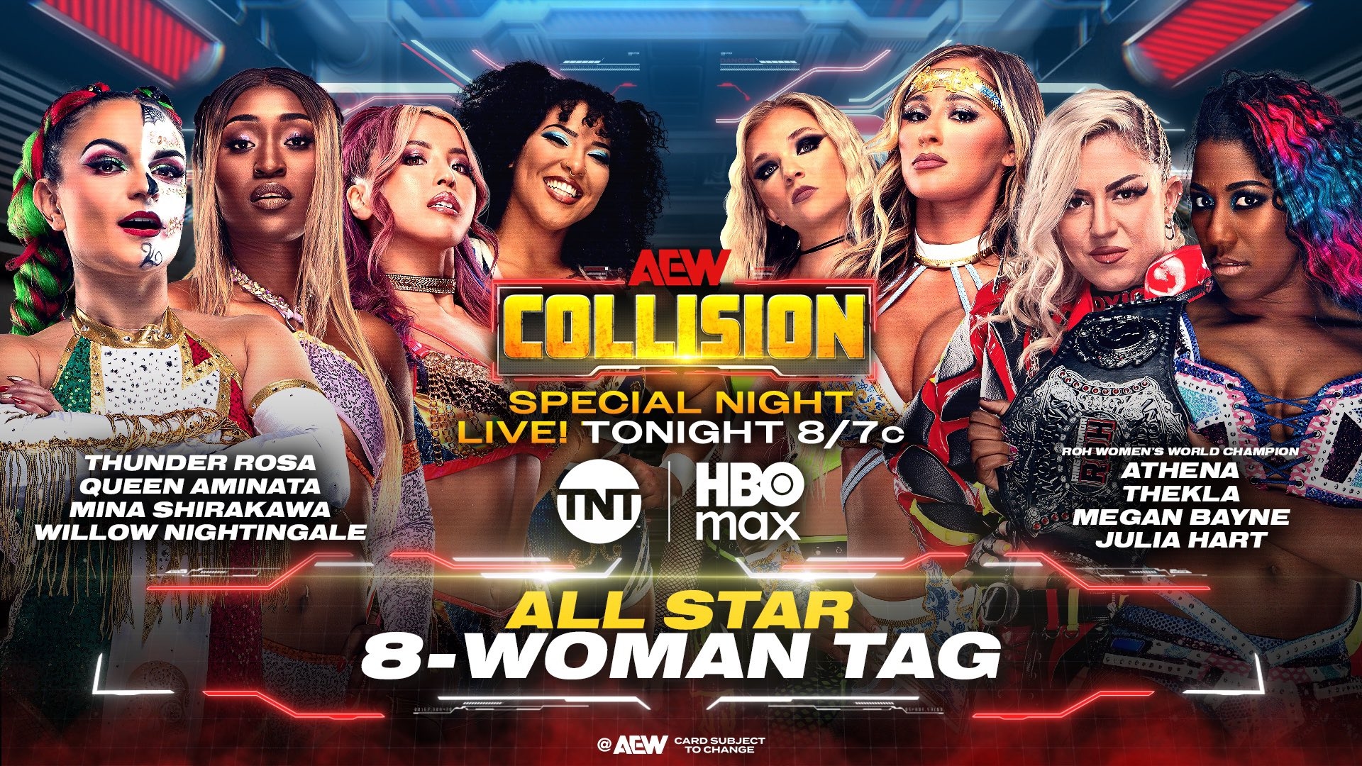 Cory on X: "#AEWCollision Preview: -Thunder Rosa, Queen Aminata, Mina Shirakawa, and Willow Nightingale vs Julia Hart, Megan Bayne, Thekla, and Athena -FTR and The Patriarchy vs The Outrunners and JetSpeed -Místico