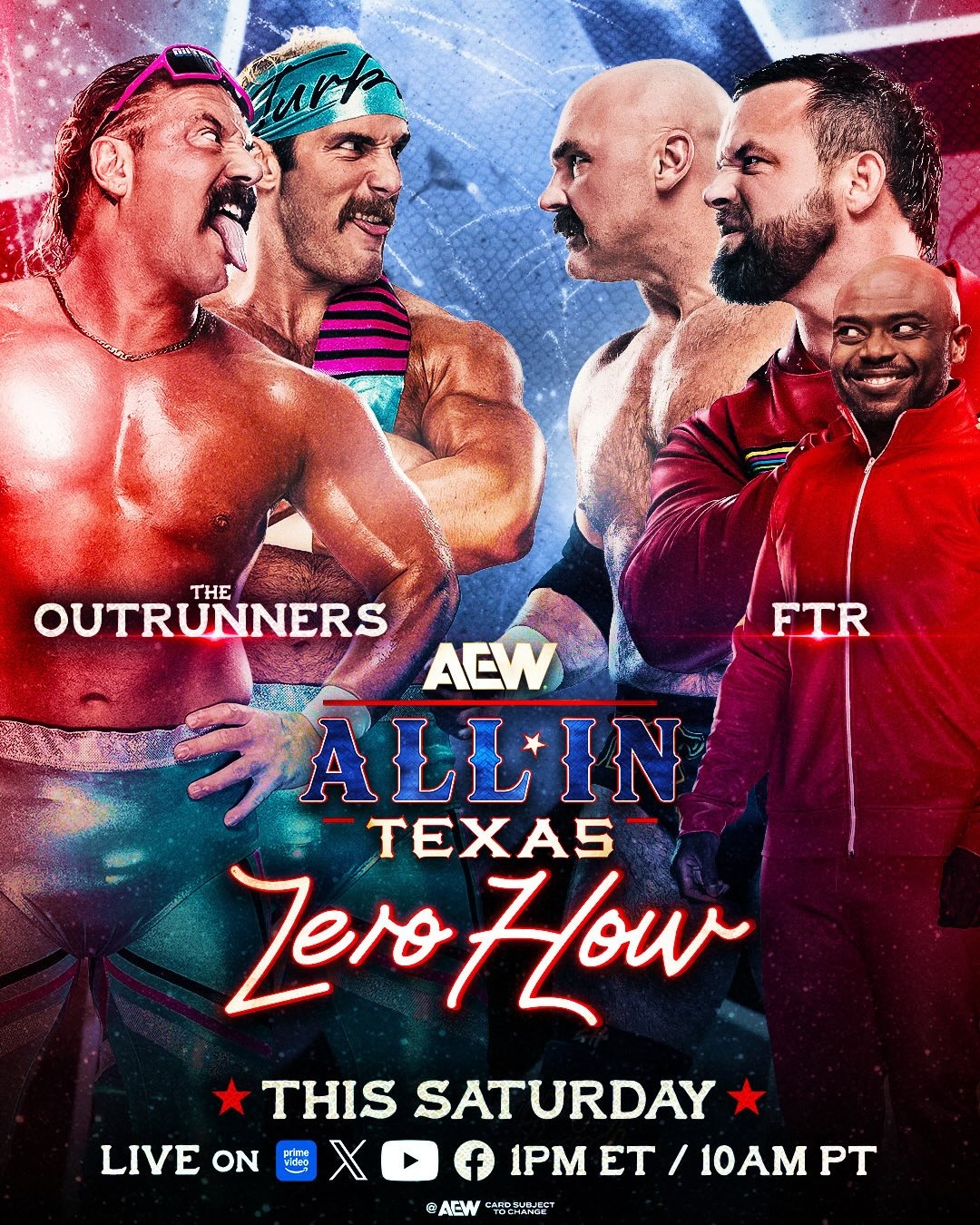 #AEWAllInTexas ZERO HOUR
1pm ET/10am PT
This Saturday, 7/12
FTR vs Outrunners
@DaxHarwood/@CashWheelerFTR won a classic vs @TruthMagnum/@TurboFloyd_ last week at #AEWCollision 100. Tonight, Outrunners’ side scored the win at FTR’s expense!
FTR vs Outrunners rematch, this Saturday!