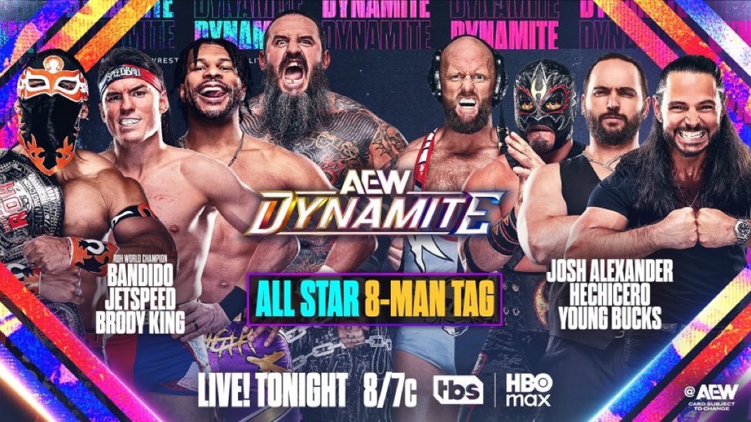 aaronloveswrestling on X: "OOOOOH YEEEAH! All-Star 8 Man Tag Team match  tonight! Bandido, JetSpeed, & Brody King Vs Young Bucks & Don Callis family!  LFG! #AEWDynamite https://t.co/bqYbO357hV" / X