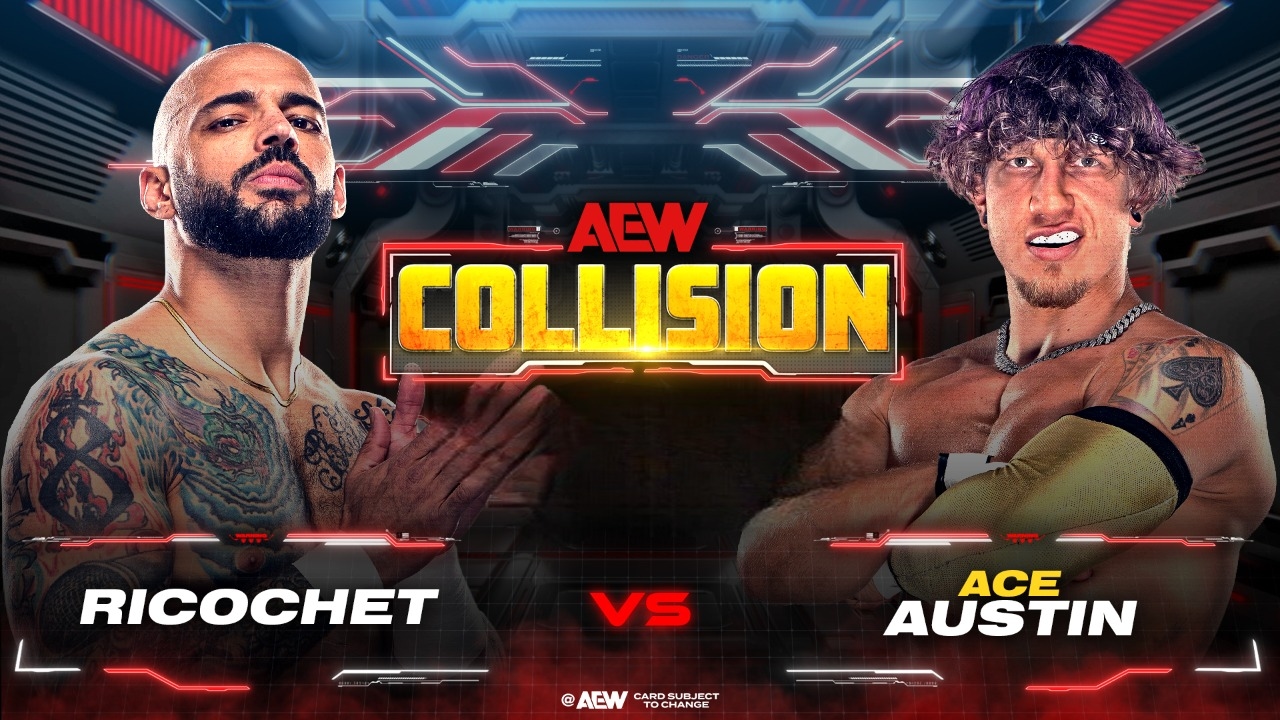 На зображенні може бути: 2 людини та текст «AEW COLLISION RICOCHET VS @AEWCU @ AEW CARD ARDSUDJECT TOCHANGE ACE AUSTIN»