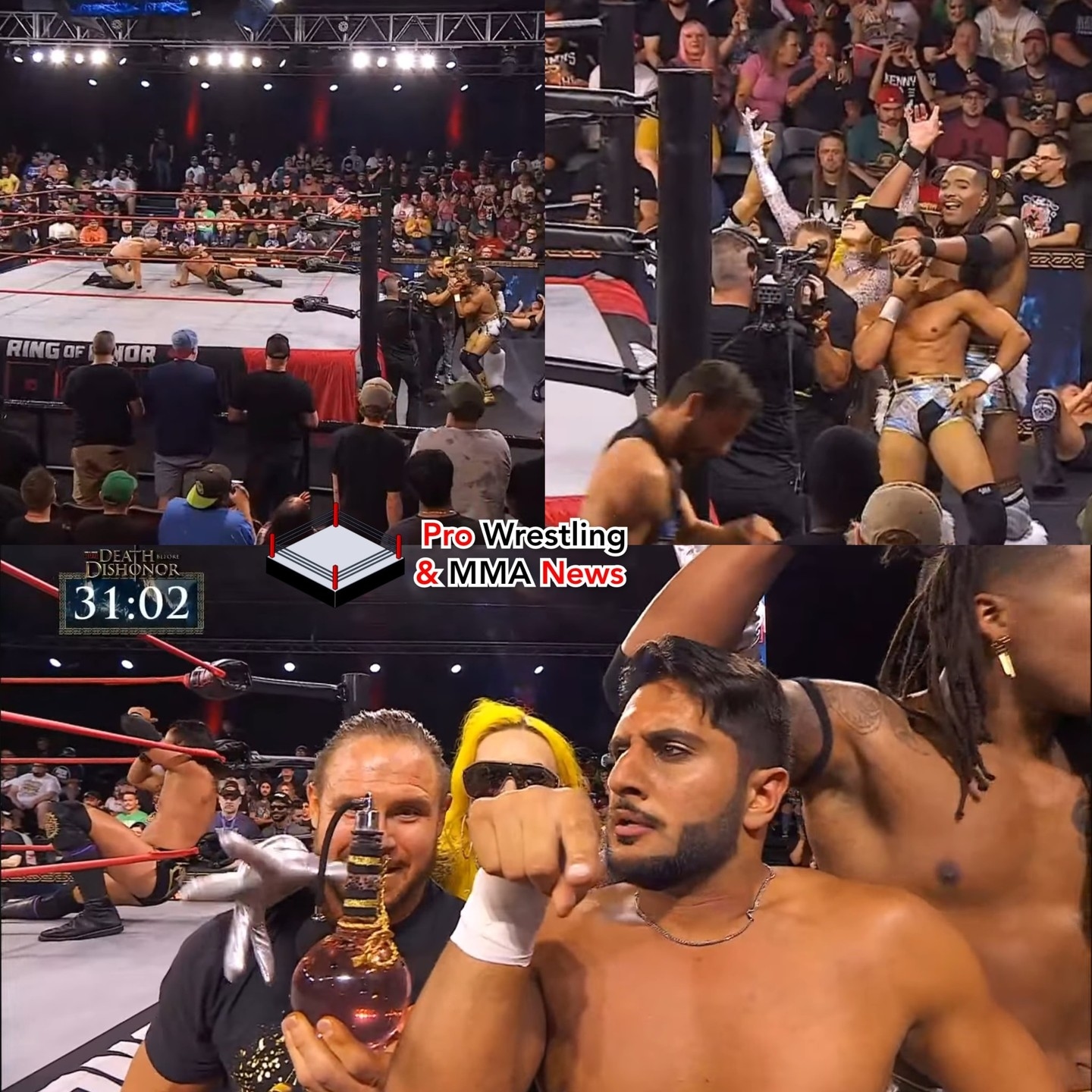 May be an image of 4 people, crowd and text that says 'RINGOF RING OF NOR 轻安酒 31:02 Pro Wrestling & &MMANews MMA News'