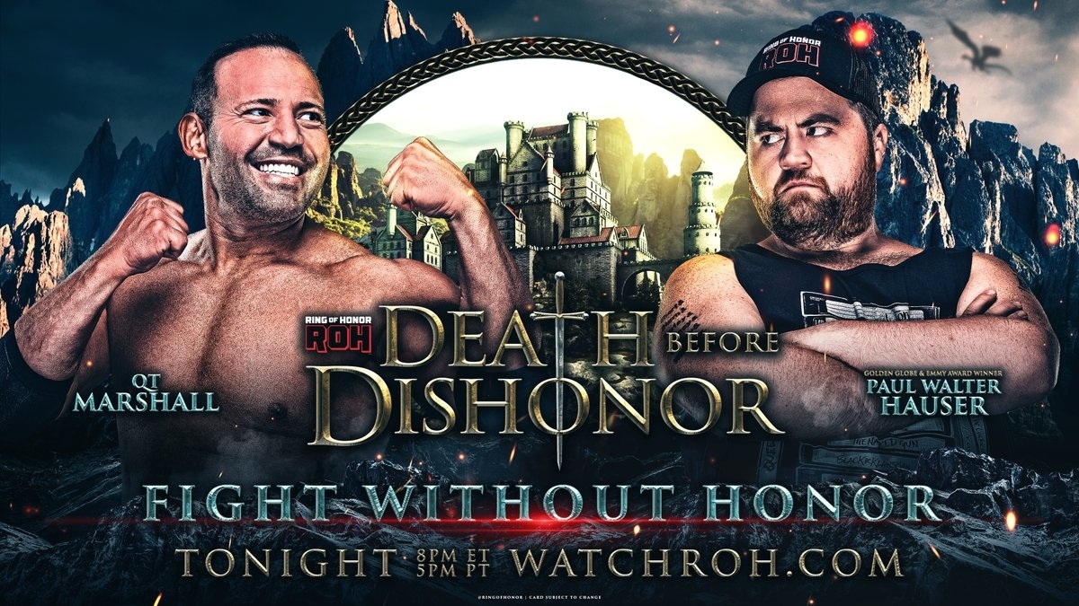 May be an image of 2 people, poster and text that says 'HONDE RING MARSHALL PAUL WALTER HAUSER HONOR DEATH BEFORE DISHONOR ￥ -. FIGHT T-WITHOUT HONOR TONIGHTPME ONIGHTM'WATCHR WATCHROH.COM'