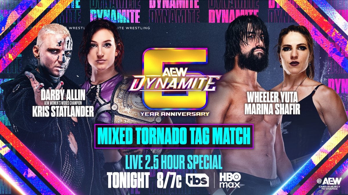 All Elite Wrestling on X: "TONIGHT! #AEW Dynamite 6-Year Anniversary Show Tornado Mixed Tag AEW Women's World Champion @CallMeKrisStat / @DarbyAllin vs @MarinaShafir / @WheelerYuta Statlander made it clear she isn't joining