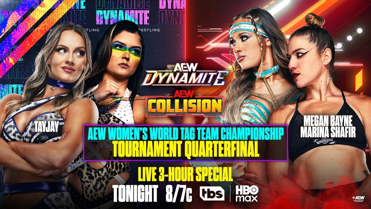Banger match will between TayJay vs Megan Bayne & Marina Shafir. Anna Jay & Tay Melo for the win! #AEW #AEWDynamite #AEWCollision #AEWOnHBOMax