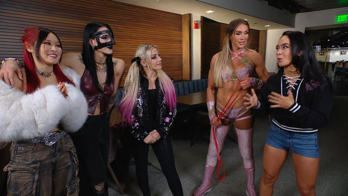 Charlotte Flair, Alexa Bliss, Rhea Ripley, Iyo Sky, and AJ Lee backstage segment #SmackDown