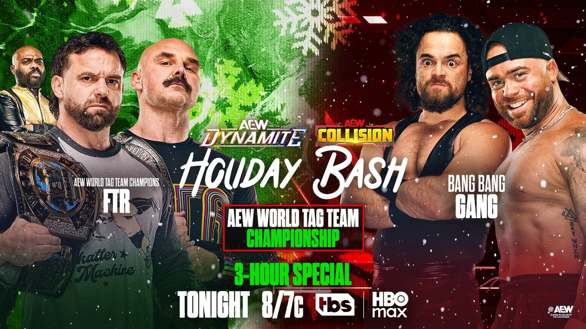 AEWDynamite + #AEWCollision Holiday Bash 3-Hour Special 8/7c TBS + HBO Max TONIGHT! AEW World Tag Team Titles @DaxFTR/@CashWheelerFTR vs Juice Robinson/@TheAustinGunn Bang Bang Gang beat FTR before they became Champions. The