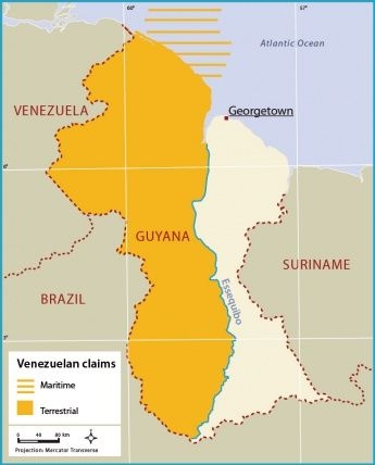 Карта Гаяни. Помаранчевим показані території на які претендує Венесуела.