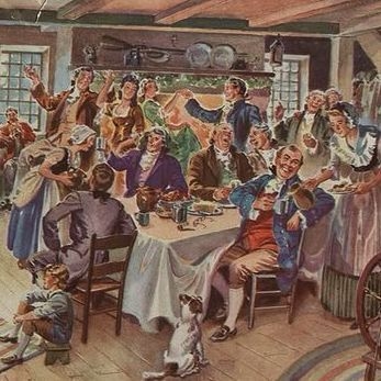 Vintage color illustration titled “Le Temps des Fêtes en Nouvelle-France.” A lively 18th-century French-Canadian Christmas or New Year celebration inside a rustic log house: a long table laden with food and drink, people in period clothing (men in coats and breeches, women in long dresses and aprons and bonnets) laughing, toasting, dancing, and playing fiddle. A small white dog sits under the table, children watch, firewood burns in the hearth, and evergreen branches decorate the beams. Warm, crowded, joyful scene with soft watercolor style.