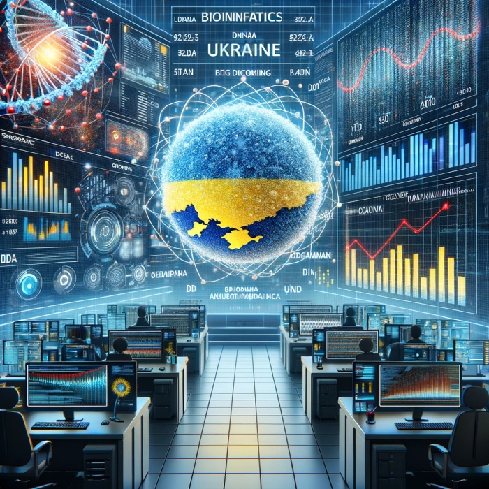 A conceptual image representing genomics, bioinformatics, big data, and DNA research in Ukraine, specifically designed without any humans. The scene features a high-tech Ukrainian research lab with advanced digital screens displaying complex bioinformatics data and DNA sequences. Emphasizing big data analytics, the image includes 3D graphs and data streams, showcasing the intricacies of genomics research. The lab is equipped with state-of-the-art computing and analytical tools, highlighting Ukraine's advancements in the field of genetics and bioinformatics.