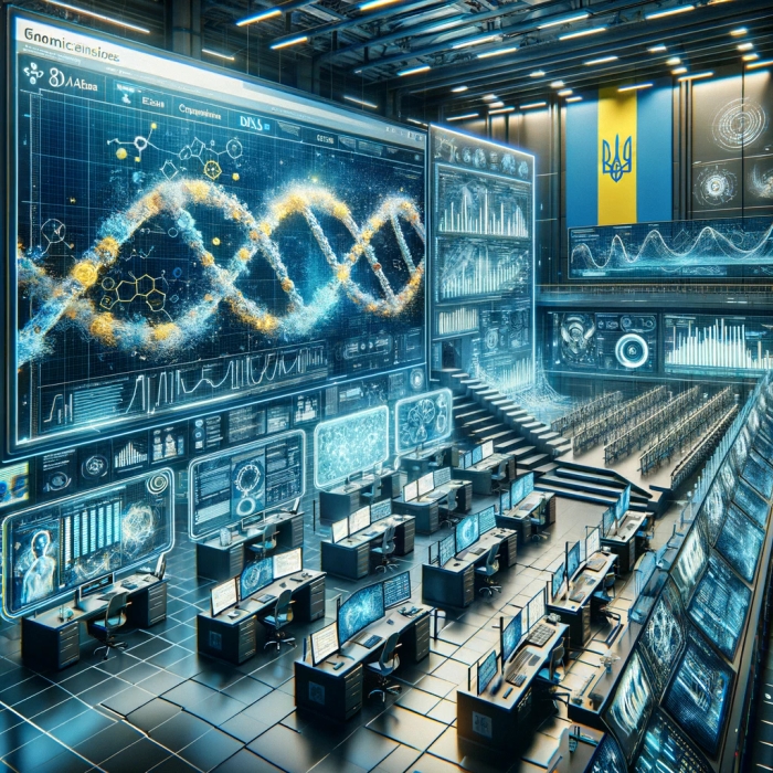 A dynamic and detailed image highlighting the areas of genomics, bioinformatics, big data, and DNA research in Ukraine, intentionally created without human figures. The scene is set in a state-of-the-art Ukrainian research facility, equipped with innovative displays showing intricate genetic data and DNA sequences. The image emphasizes the technology used in big data analysis, featuring interactive 3D graphs and real-time data flows, demonstrating the advanced nature of Ukrainian genomics research. The lab is replete with the latest computational tools and scientific instruments, symbolizing Ukraine's leading role in genetic and bioinformatics innovation.