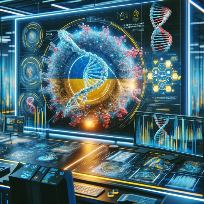 A modern and conceptual image highlighting genomics, bioinformatics, big data, and DNA research in Ukraine, without any human figures. The scene showcases a cutting-edge Ukrainian research lab with futuristic digital screens vividly displaying intricate bioinformatics data and DNA structures. The focus is on big data visualization, featuring dynamic 3D graphs and flowing data streams, embodying the sophistication of genomics research. The lab is equipped with the latest in computing technology and analytical instruments, underlining Ukraine's prowess in genetic and bioinformatics research.