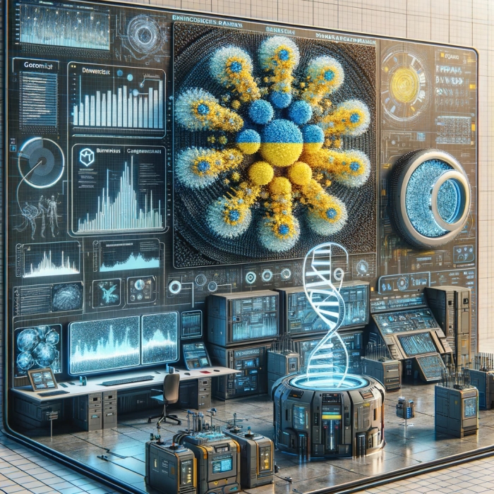 An illustrative image depicting the fields of genomics, bioinformatics, big data, and DNA research in Ukraine, crafted without any human elements. The focus is on a futuristic Ukrainian research laboratory, equipped with advanced technological displays showcasing complex genetic data and DNA sequencing. Key features include detailed bioinformatics analyses, 3D data visualizations, and sophisticated big data interfaces, reflecting the innovative spirit of Ukrainian genetics research. The lab is furnished with cutting-edge computational and analytical equipment, illustrating the forefront of scientific exploration in genetics and bioinformatics.