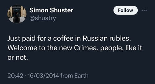 Shuster buying coffee (probably a Raf) with russian rubles in occupied Crimea, colorized — March 16, 2014