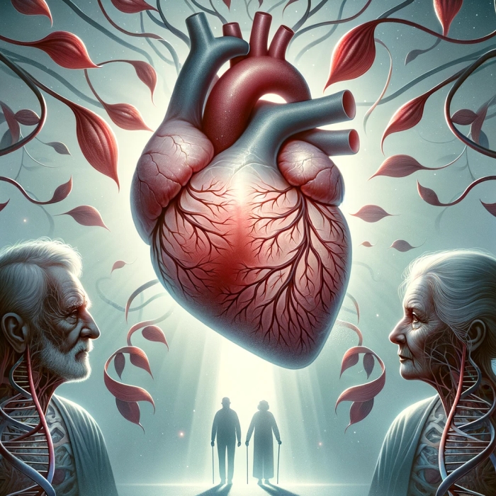 A metaphorical illustration representing inherited heart disease from grandparents. The image features a large, human heart in the center, with delicate, intertwined vines symbolizing DNA strands wrapping around it. In the background, two silhouettes of elderly figures stand on either side, representing the grandparents. The figures are faint and ghostly, suggesting their past presence and influence. The heart is detailed with slight imperfections and cracks, indicating the concept of inherited illness. The overall tone is somber, with a color palette of deep reds, soft blues, and muted grays to convey a sense of inherited traits and the passage of time.
