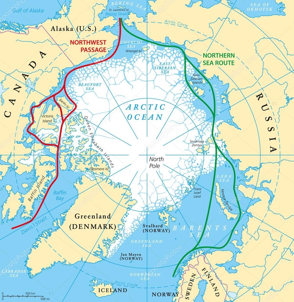 Північний Льодовитий океан море карта маршрутів Стоковий вектор ©Furian  113437832