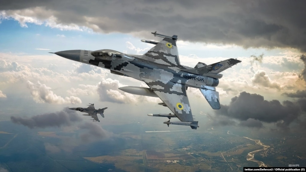 Реактивний винищувач F-16 в українському камуфляжі, колаж опублікований в офіційному твітер-акаунті ЗСУ