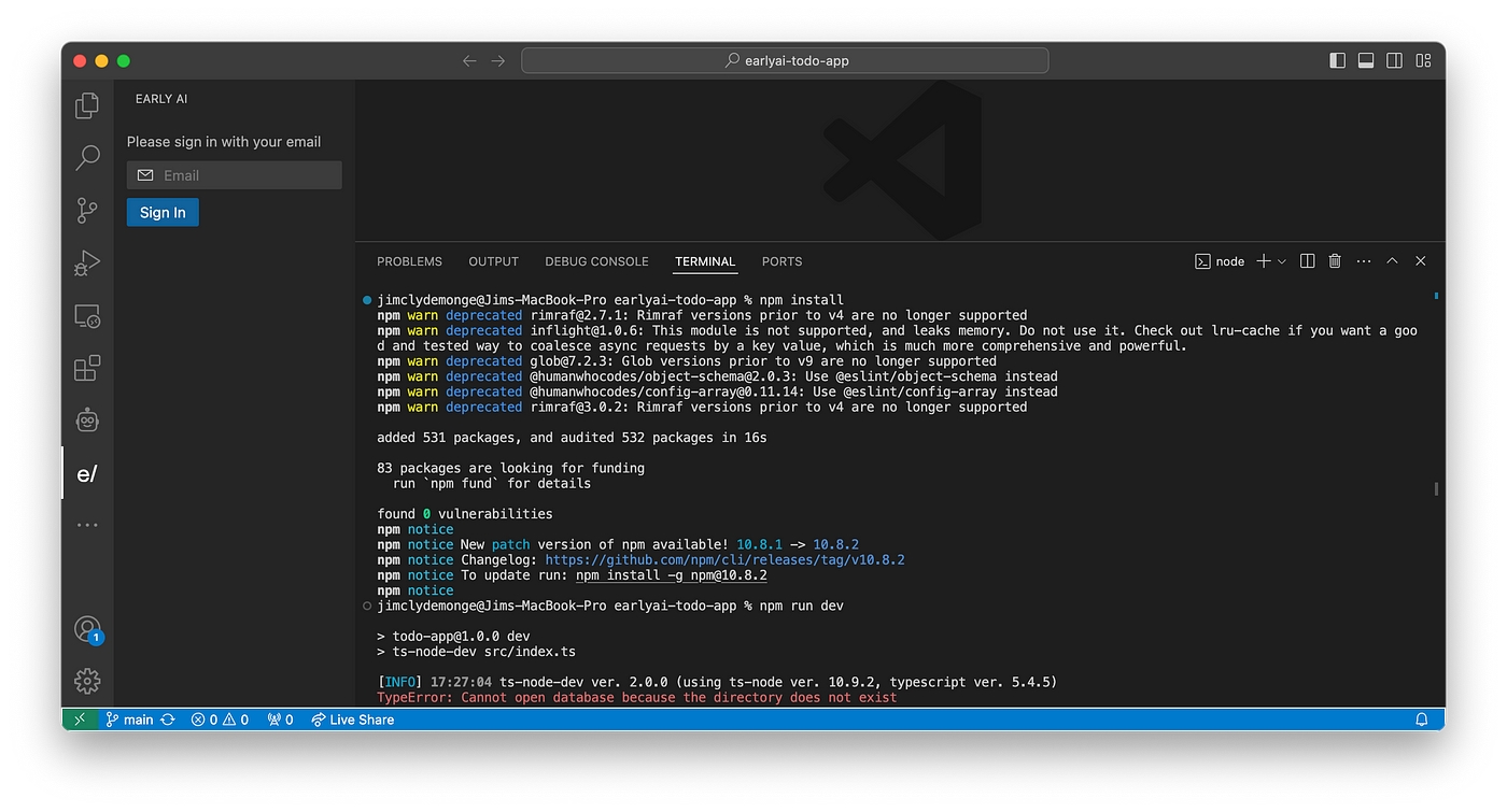 EarlyAI screenshot in VS Code